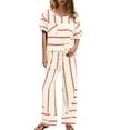 thumbnail image 4 of Women's Striped Two Piece Set, Crew Neck Top with Pocket and Drawstring Waist Wide Leg Pants, Cotton Linen Loungewear Set, Summer Casual Outfits for Women-Beige, 4 of 8