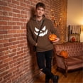 thumbnail image 4 of Domuza Halloween Pumpkin Face Print Hoodie for Men Women, Fashion Vintage Long Sleeve Pullover Sweatshirt, Drawstring Hood with Kangaroo Pocket, 4 of 5