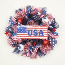 Lksixu Independence Day Patriotic Wreath for Front Door, 18 inch Red White & Blue Burlap Mesh Garland, 4th of July American Flag Ribbon Mesh Wreath Welcome Door Hanging Ornaments for Window Wall