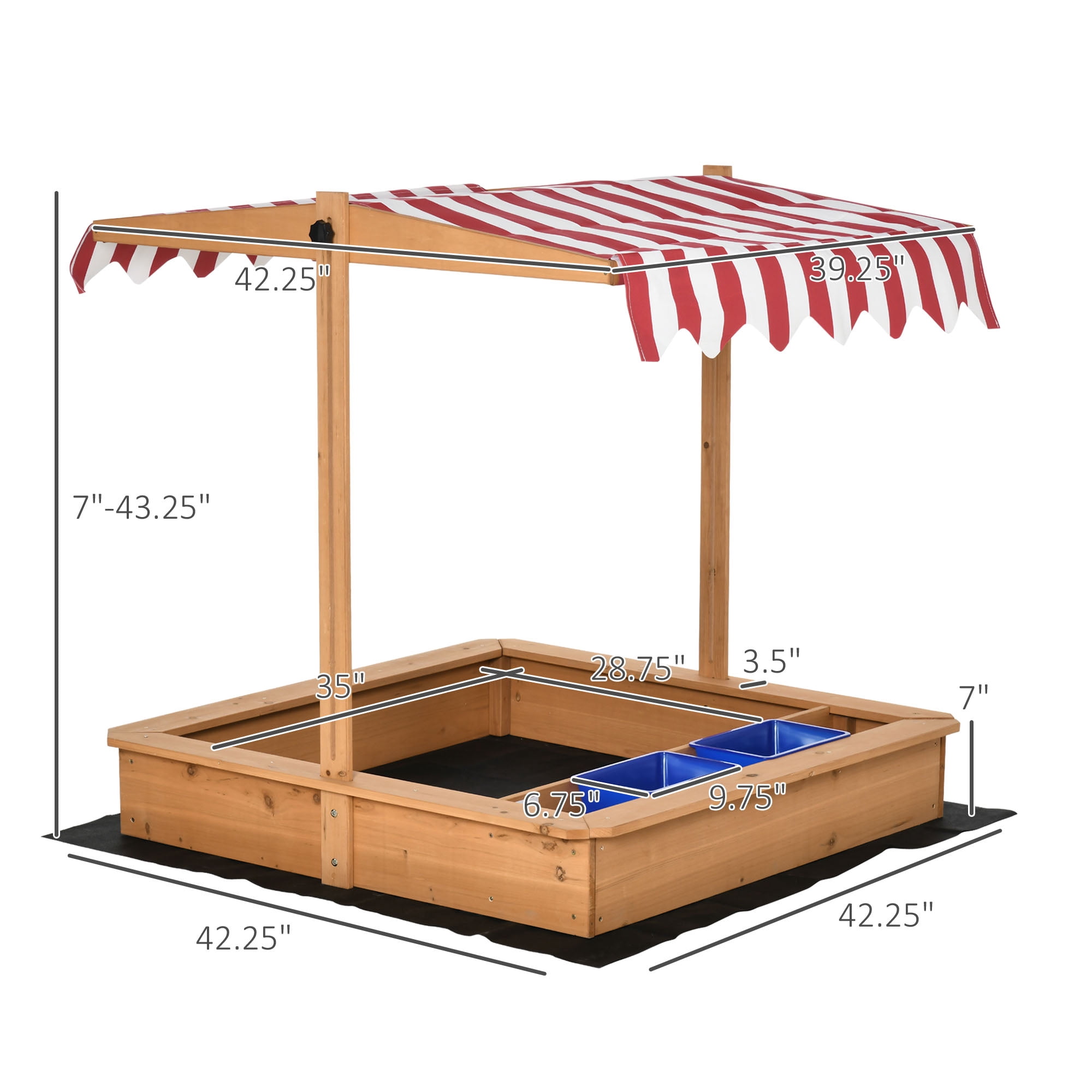 Kids Wooden Sandbox with Adjustable Height Canopy Cover, Built-in Seats & Storage Bins, Outdoor Sand Play Station with Bottom Liner & Plastic Basins for Backyard Beach Lawn
