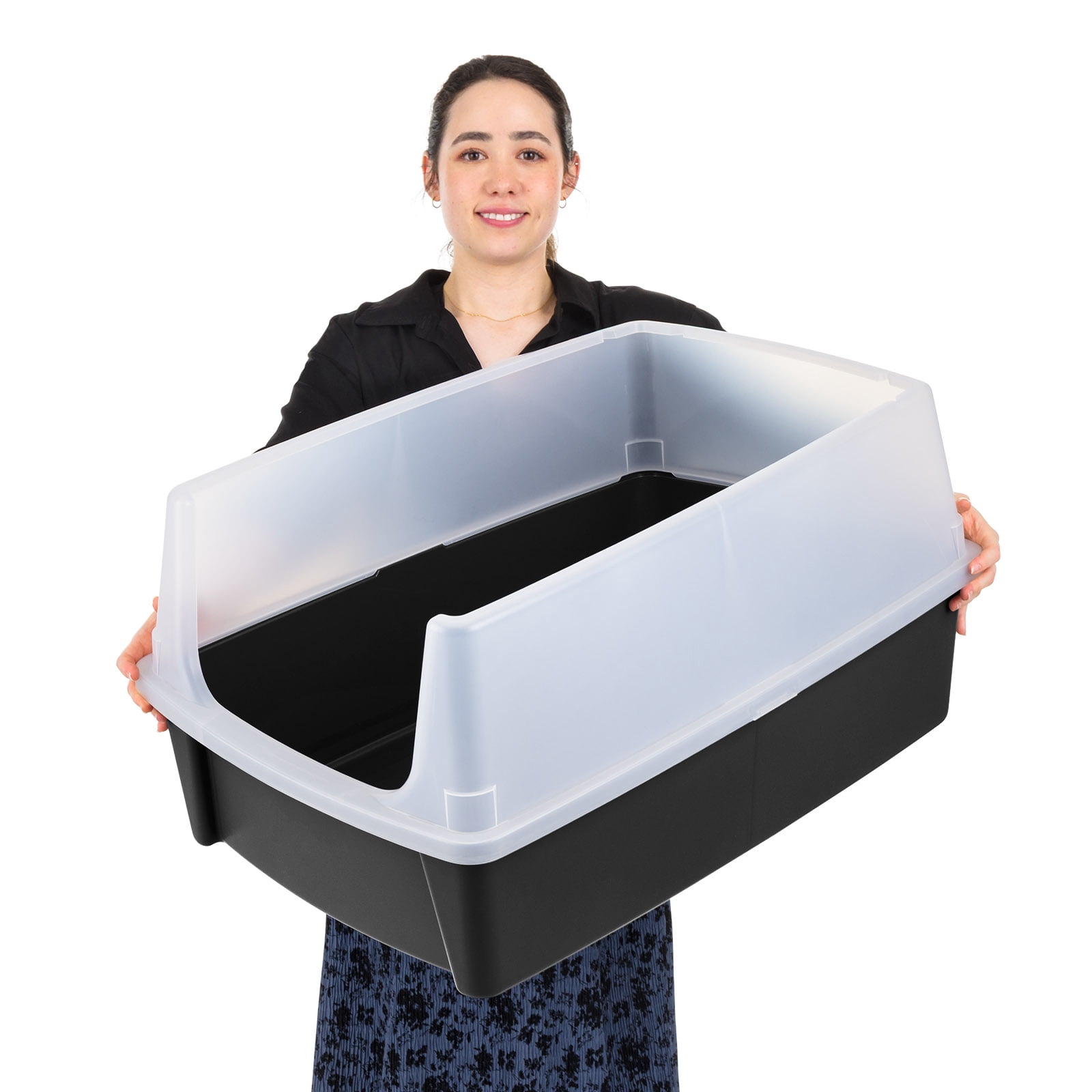 IRIS Extra Large Open Top Cat Litter Box with Scatter Shield, Sturdy Open Air Kitty Litter Pan with Tall Spray, Black