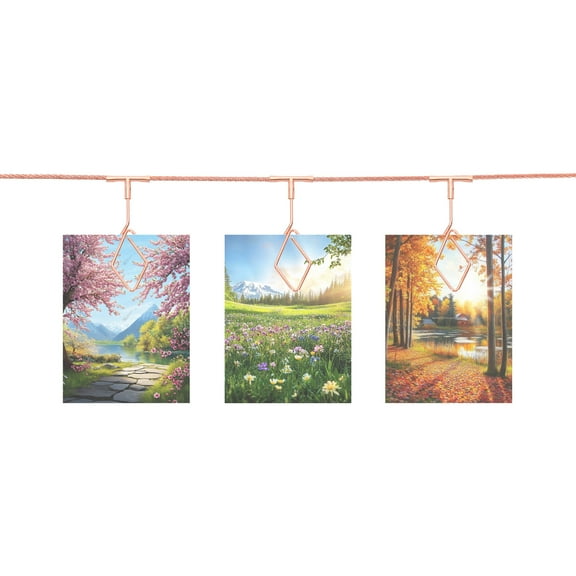 Wall Hanging Photo Display Cable Wire Rod with 12 Rhombus Clips, 5Ft Hanging Picture Frames Collage Rose Gold