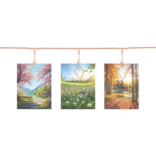Wall Hanging Photo Display Cable Wire Rod with 12 Rhombus Clips, 5Ft Hanging Picture Frames Collage Rose Gold
