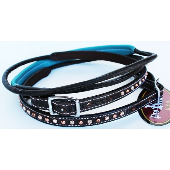 Horse 8ft Contest Western Tack Saddle Barrel Leather Reins Turquoise Brown 6643