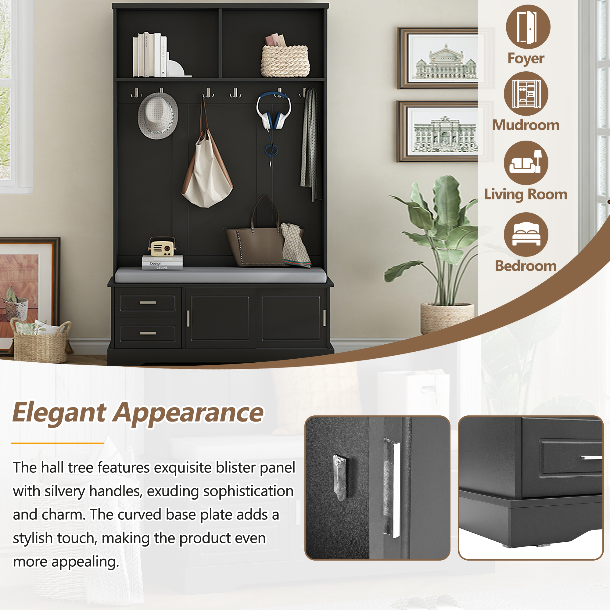 MAYEERTY Elegant Hall Tree:Sliding Doors, 6 Hooks & Handles, Mudroom Bench Cabinet with Shoe Storage, Black