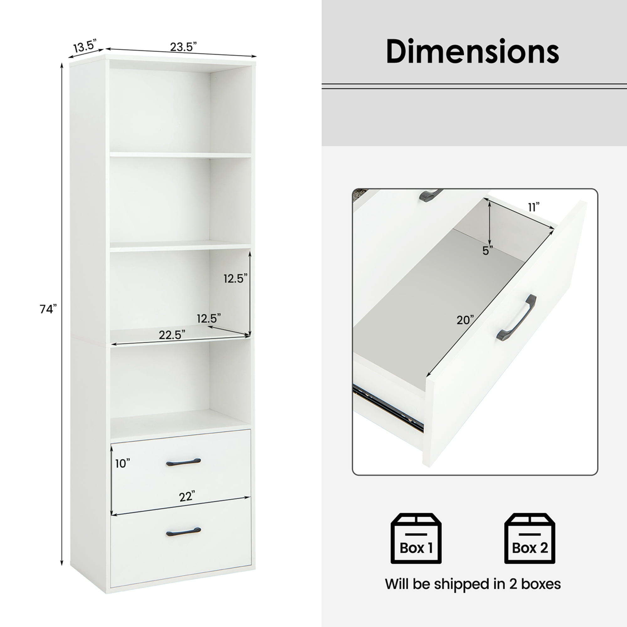 Costway 6-Tier Tall Bookshelf Freestanding Modern Bookcase White Storage Cabinet