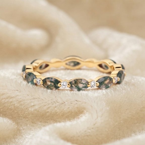 Marquise Moss Agate & Diamond Full Eternity Ring, 925 Sterling Silver Yellow Gold Plated Proposal Band Ring, Trendy Handmade Jewelry, Gift for Her