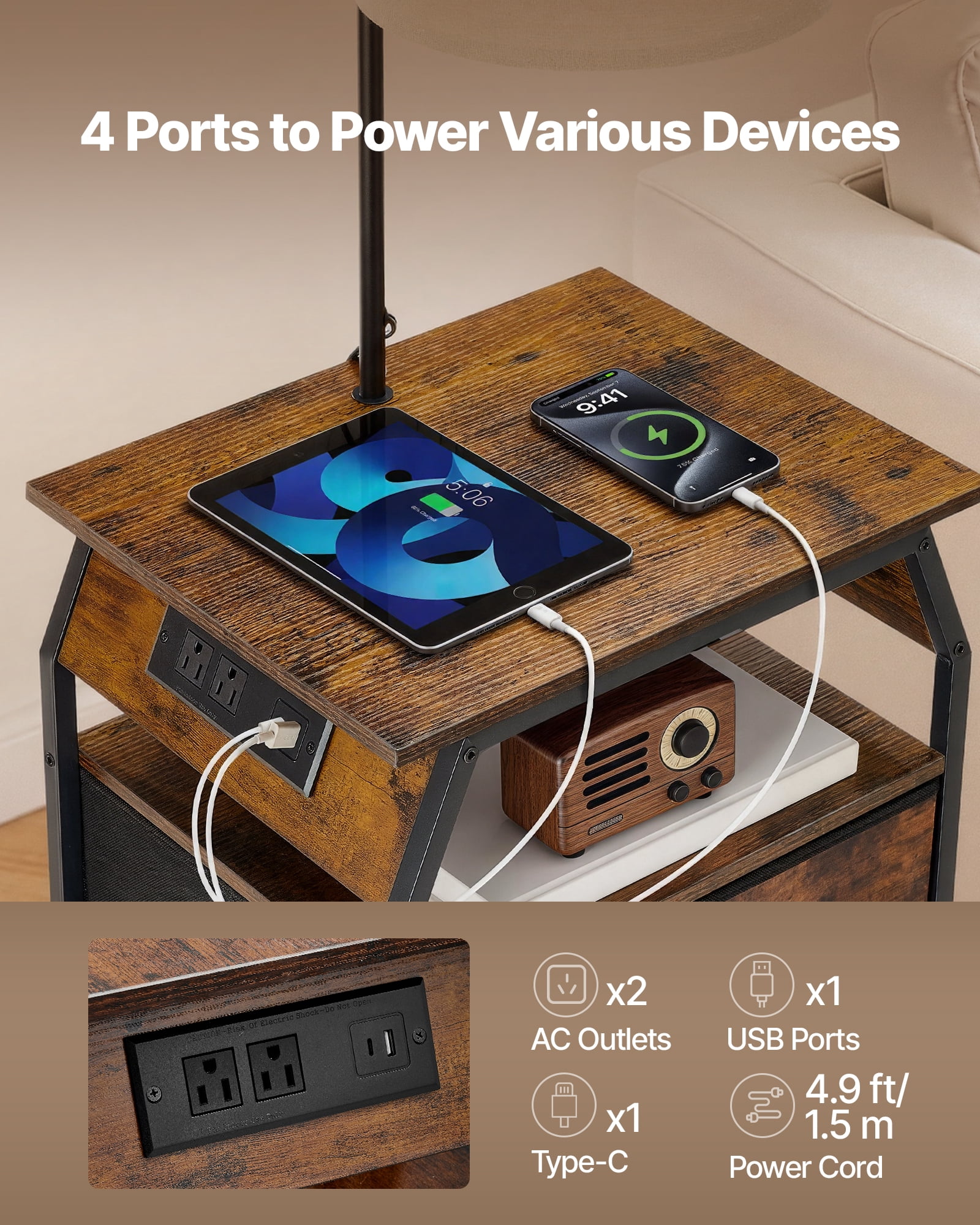 KFFKFF Floor Lamp with Table, End Table Featuring Charging Station, 3 Drawers and Adjustable Lighting, Perfect for Living Room, Bedroom, or Dorm