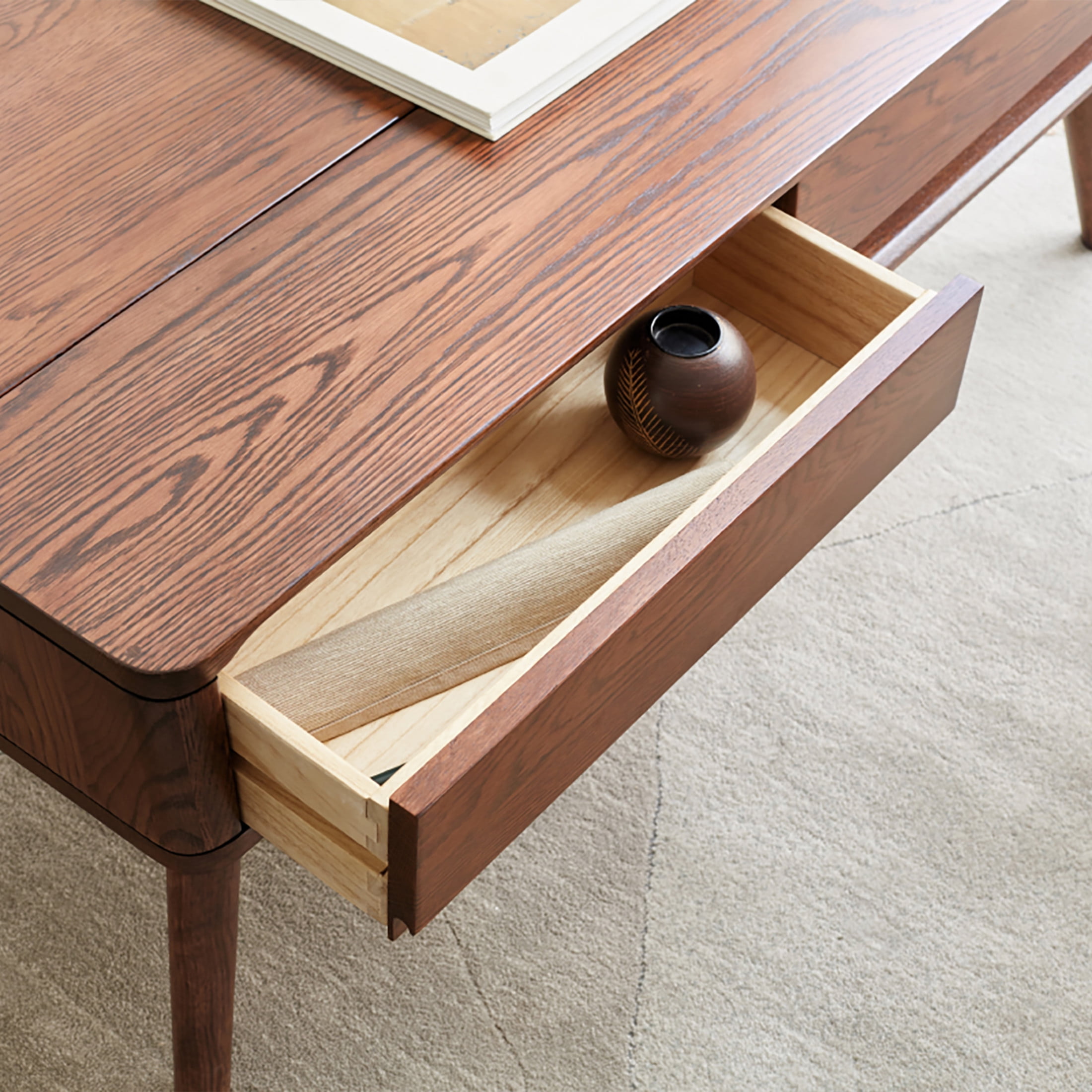 Elevating Low Coffee Table, 100% Solid Oak Wood with Storage Shelf, Easy to Assemble Study or Work from Home Table, Multifunctional Wooden Table, Walnut