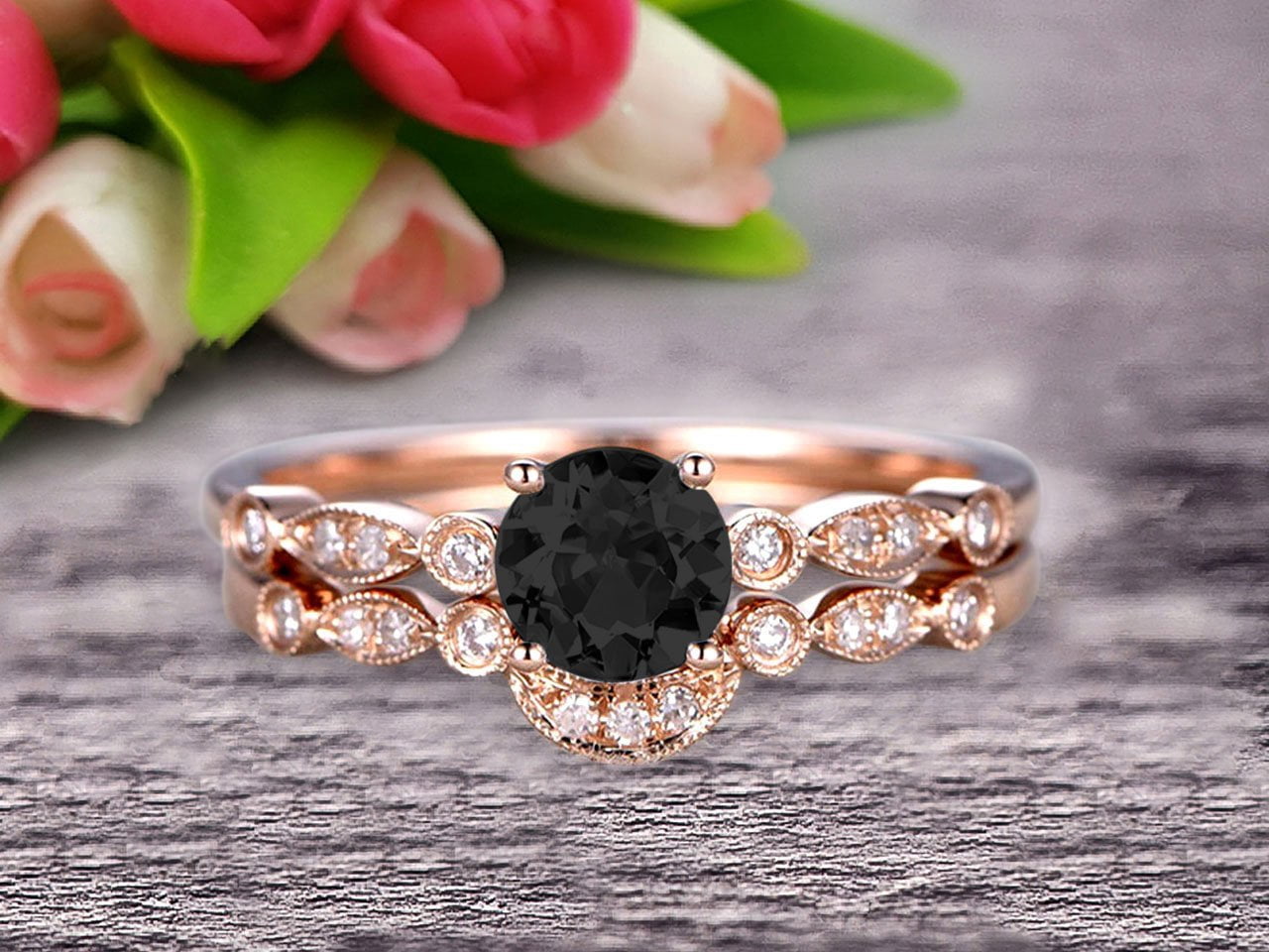 2 Carat Round Cut Black Diamond Moissanite Bridal Set Engagement Ring ...