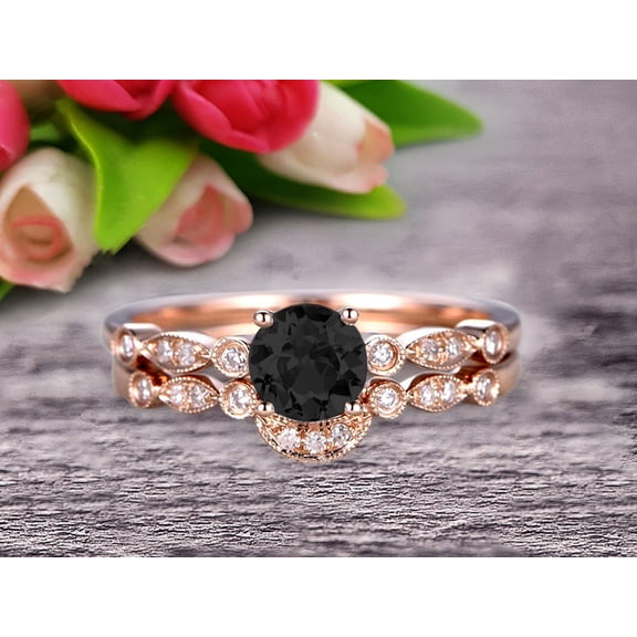 2 Carat Round Cut Black Diamond Moissanite Bridal Set Engagement Ring With Matching Band 10k Rose Gold Art Deco Vintage Look