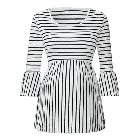 

UMfun Women Summer Maternity Clothes Tops Round Neck 3/4 Sleeve Stripe Print Maternity Large Size Long T-shirt Top