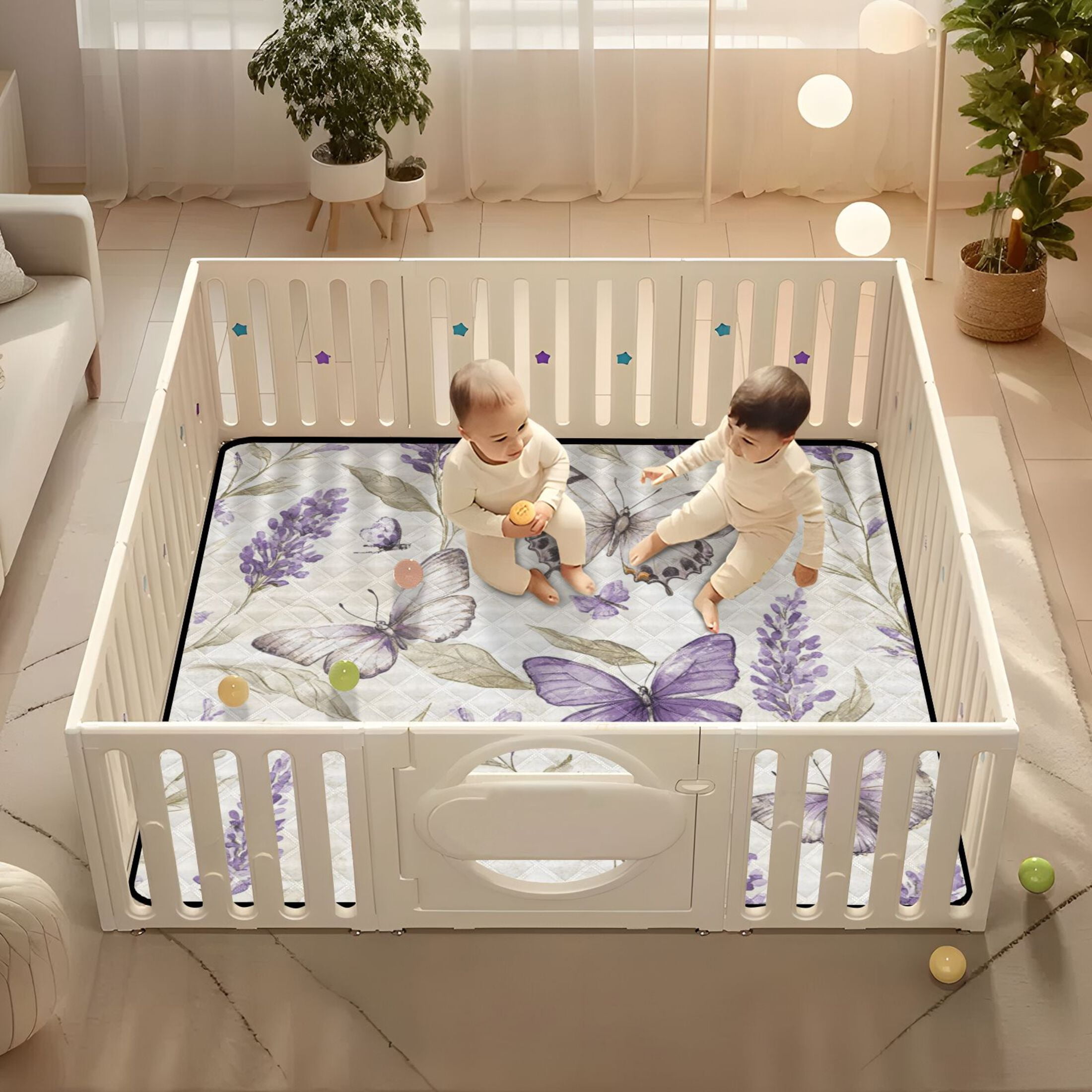 WOBOGO Purple Lavender and Butterfly Baby Playmats Extra Large Waterproof Rollable Activity Pads for Toddlers 50×50inch