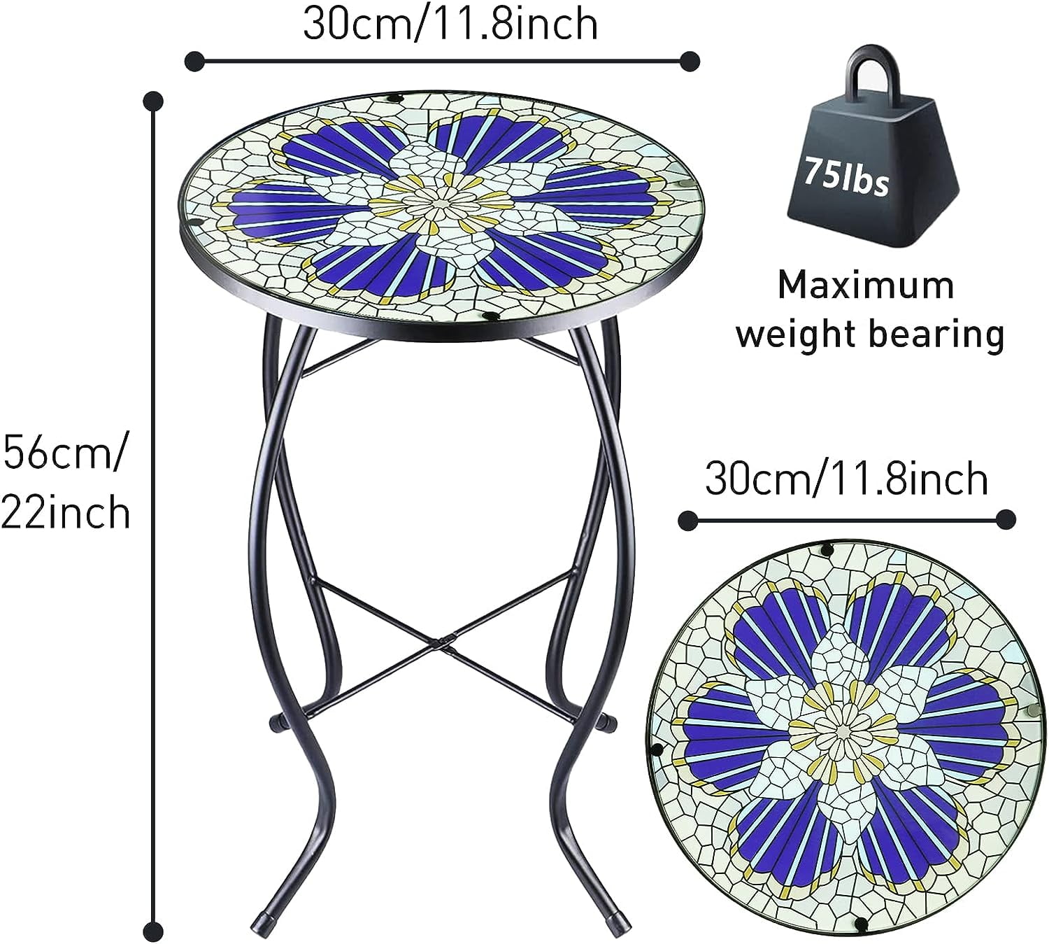 Arbuxzuy Mosaic Glass and Steel Outdoor Modern Round End Table, Blue