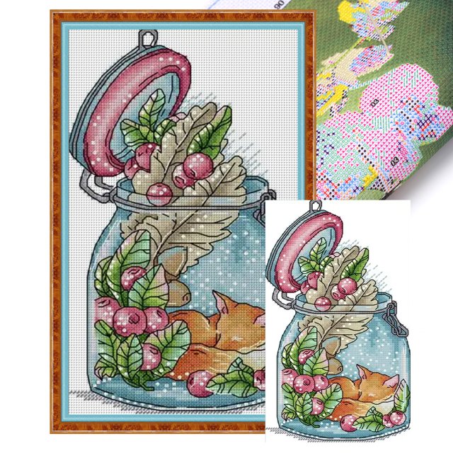 Hilo de bordar de algodón ecológico, Kit de punto de cruz con estampado de zorro de 14CT, obra de arte de 16x28cm