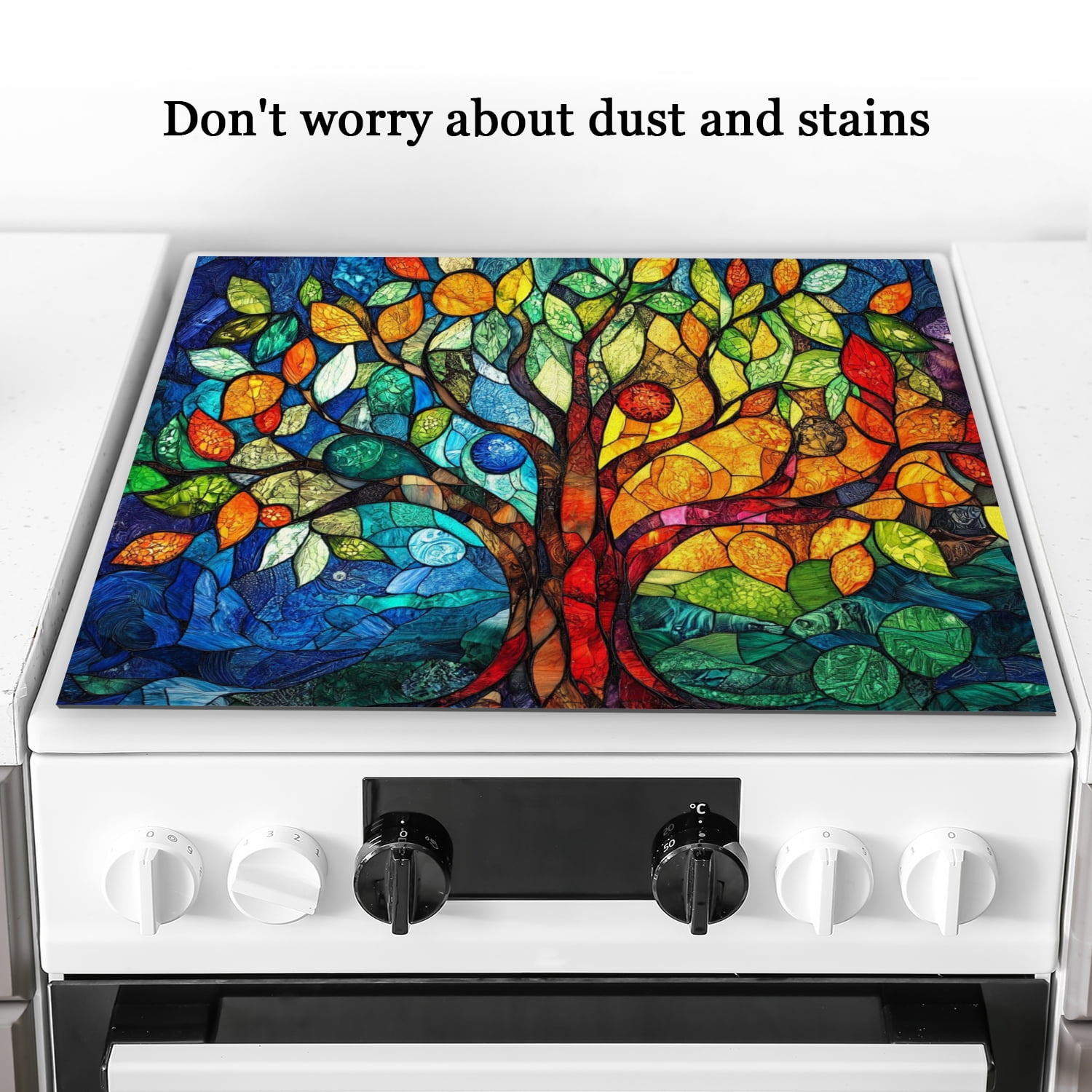 Stovetop Cover for Electric Stove, Colorful Tree of Life Heat Resistant Glasstop Stove Covers, Square Waterproof Washable Countertop Mat For Kitchen RV (28×20 Inch)