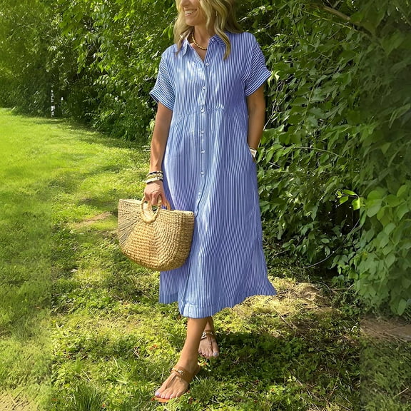 ClodeEU Women's Short Sleeve Button Down Striped Print Shirt Dress,Casual Loose Fit Collared Midi Dress Blue,Women's Plus L