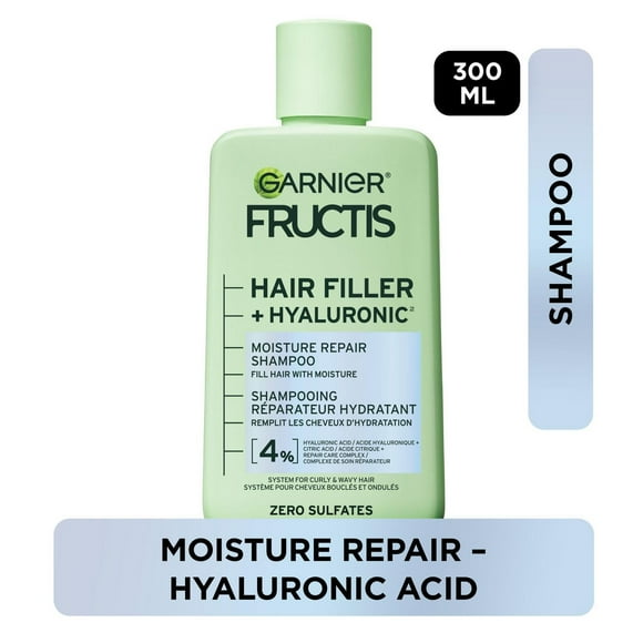 Garnier Fructis Hair Filler + Hyaluronic Acid Moisture Repair Sulfate-Free Shampoo, for Curly and Wavy Hair, up to Moisture & 100 Hours of Frizz Control