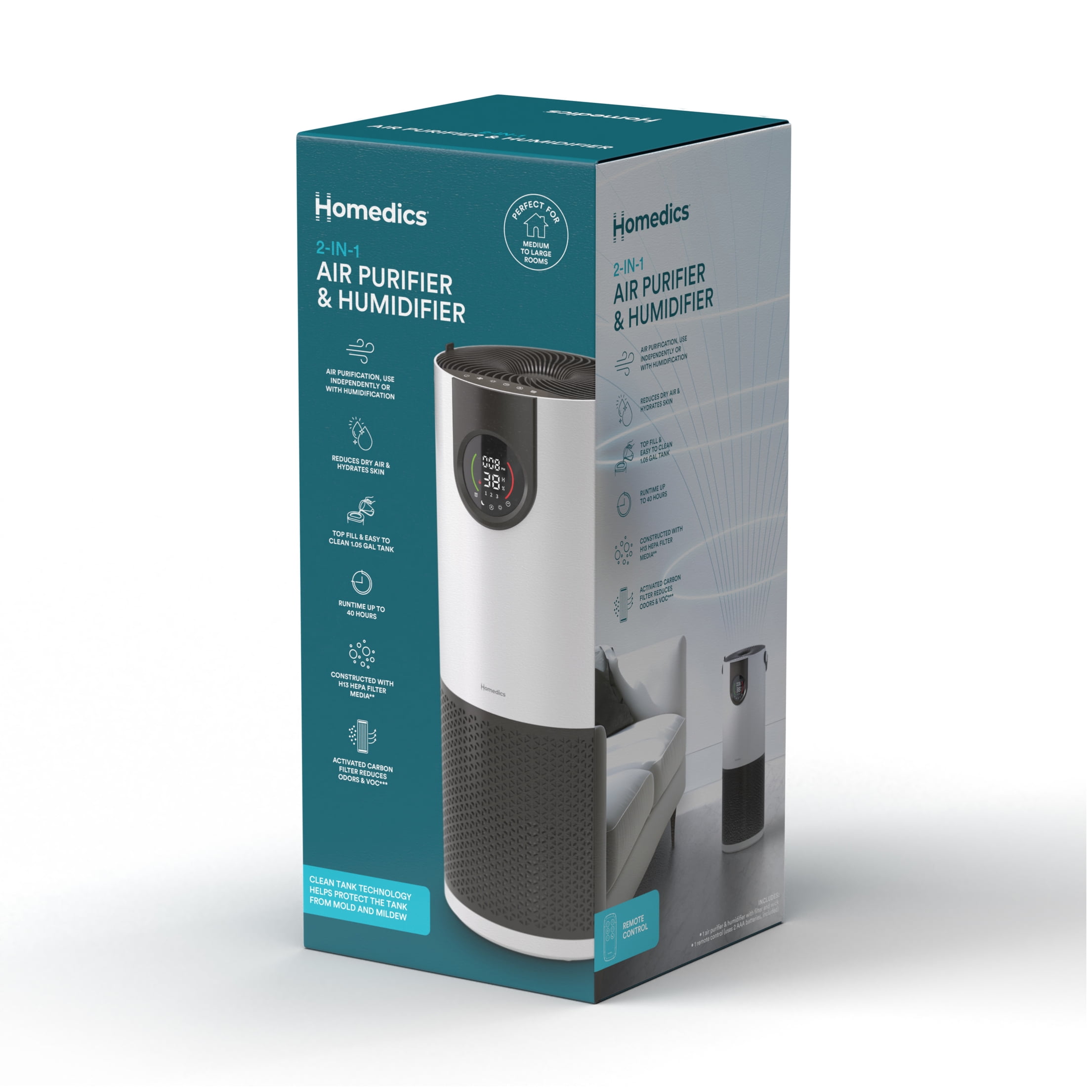 Homedics® 2-in-1 Air Purifier & Humidifier, with Digital Particle Sensor, Color-Coded Indoor Air quality