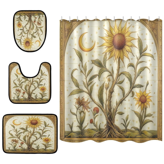 Sunflower Bathroom Accessory Curtain Sets Bath Curtain Anti-Slip Mats and Toilet Pad 66x72in