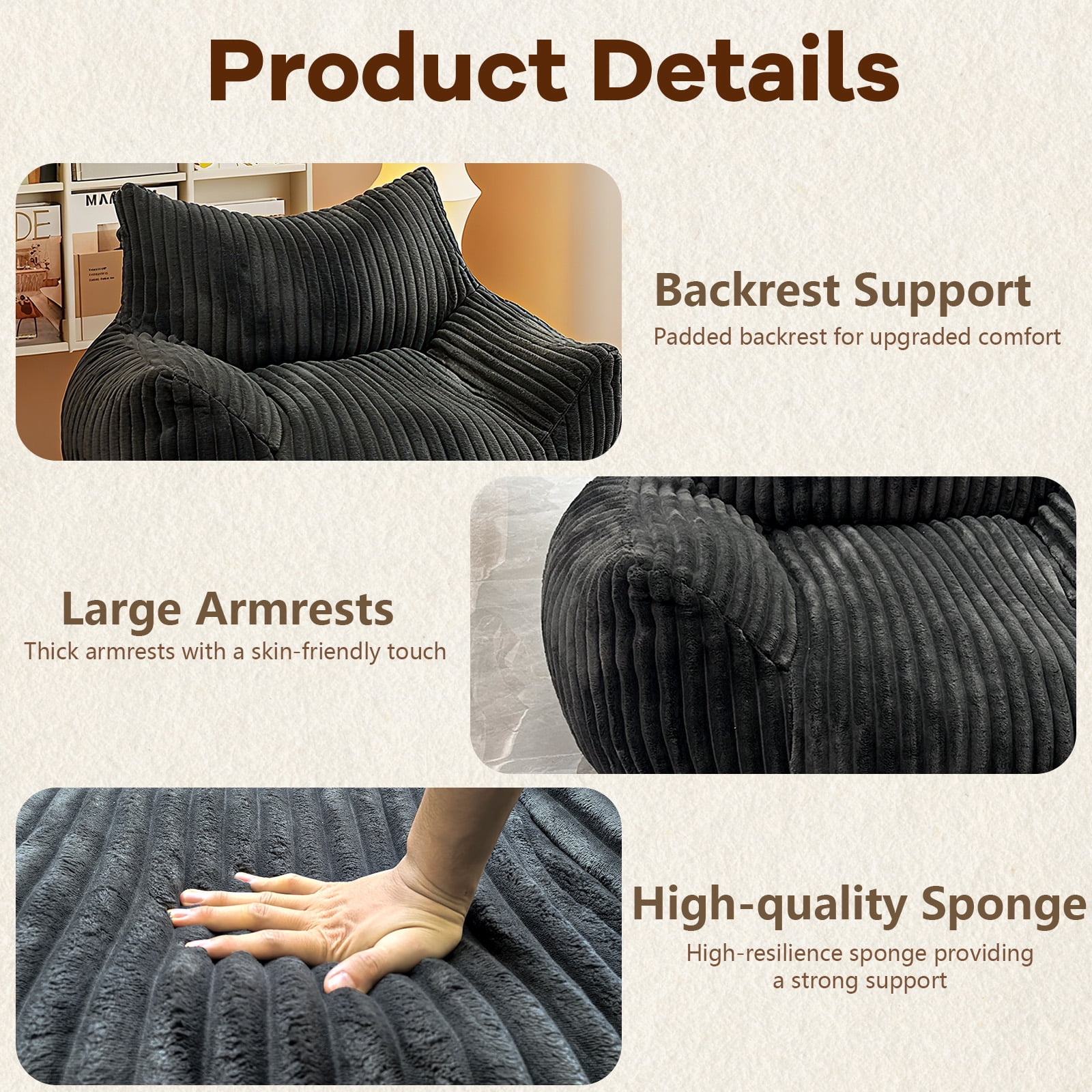 Bean Bag Chairs for Adults Teens with footrest, Cozy Fluffy Single Mini Couch,Large Bean Bag Sofa Chairs with Filling Comfy with Armrests for Reading,Living Room, Bedroom. (Black, with footrest)