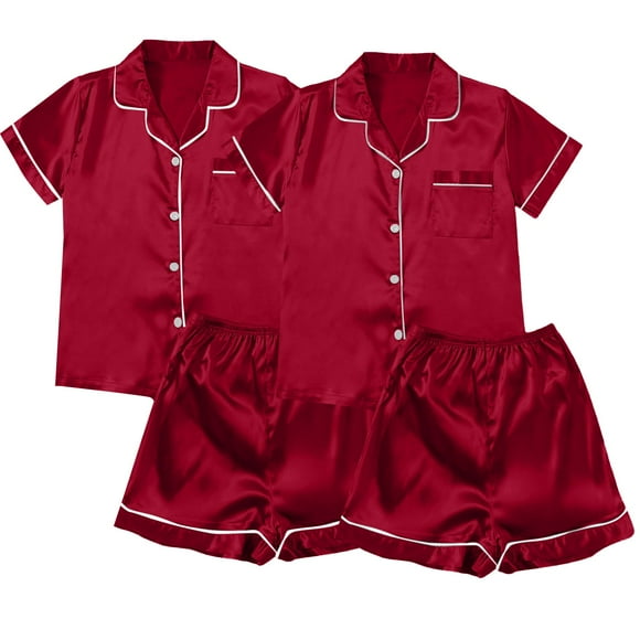 ZJXFGS Sleepwear for Women, Women Pajamas, Satin Pyjamas Women's Short 4 Piece Pyjamas Short Sleeve Sleepwear and Shorts Set Women Leisure Suit Loungewear, Short Pajama Set for Women Red M