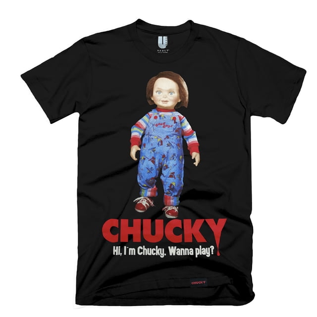 playera chucky el muñeco diabolico Playera para caballero negra, algodón 100%, vista frontal centrada con estampado grande de la muñeca Chucky en overol y texto rojo "CHUCKY" con leyenda blanca debajo; cuello redondo y manga corta visible, fondo neutro. Su tamaño compacto de estampado la hace adecuada también para uso casual diario.