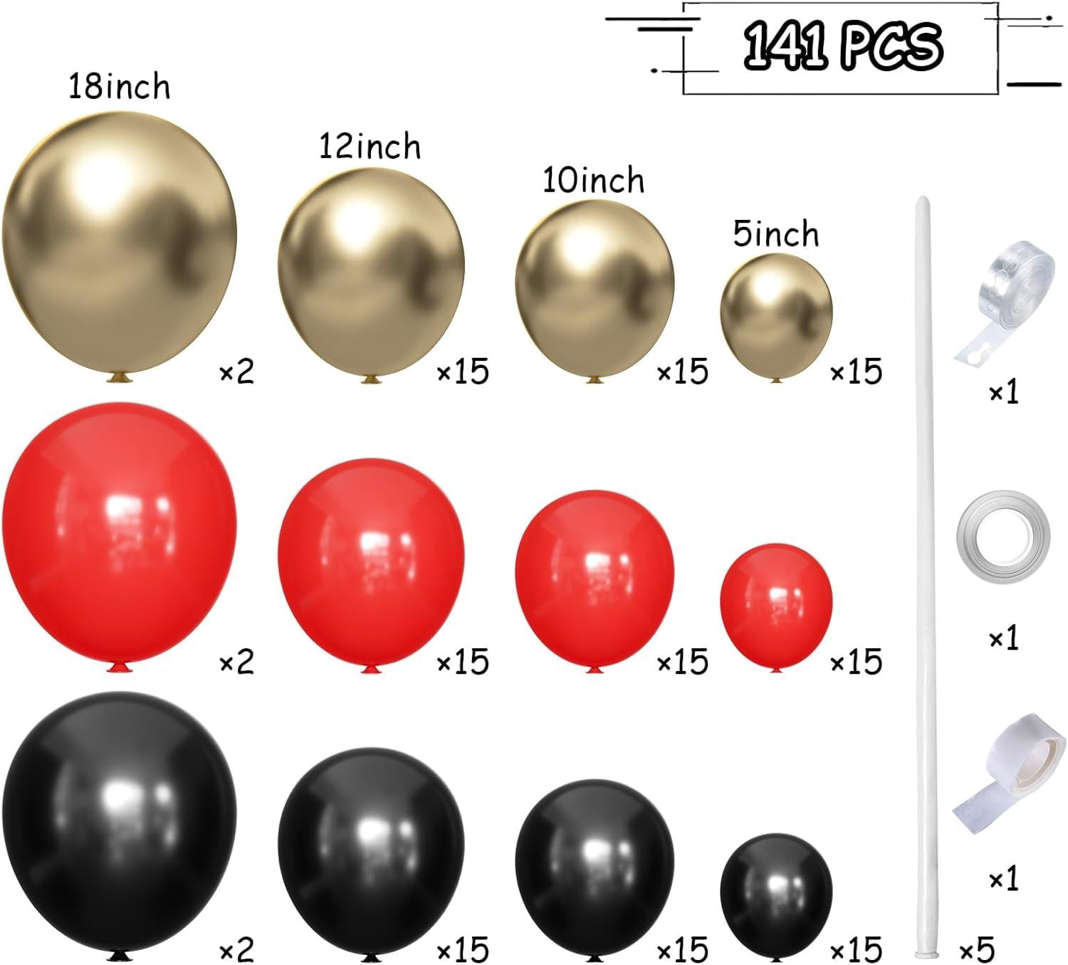 141Pcs Black Gold Red Balloon Garland Arch Kit Assorted Sizes 18/12/10/5 Inch Latex Balloons for Wedding Birthday Baby Shower Graduation Party Decorations