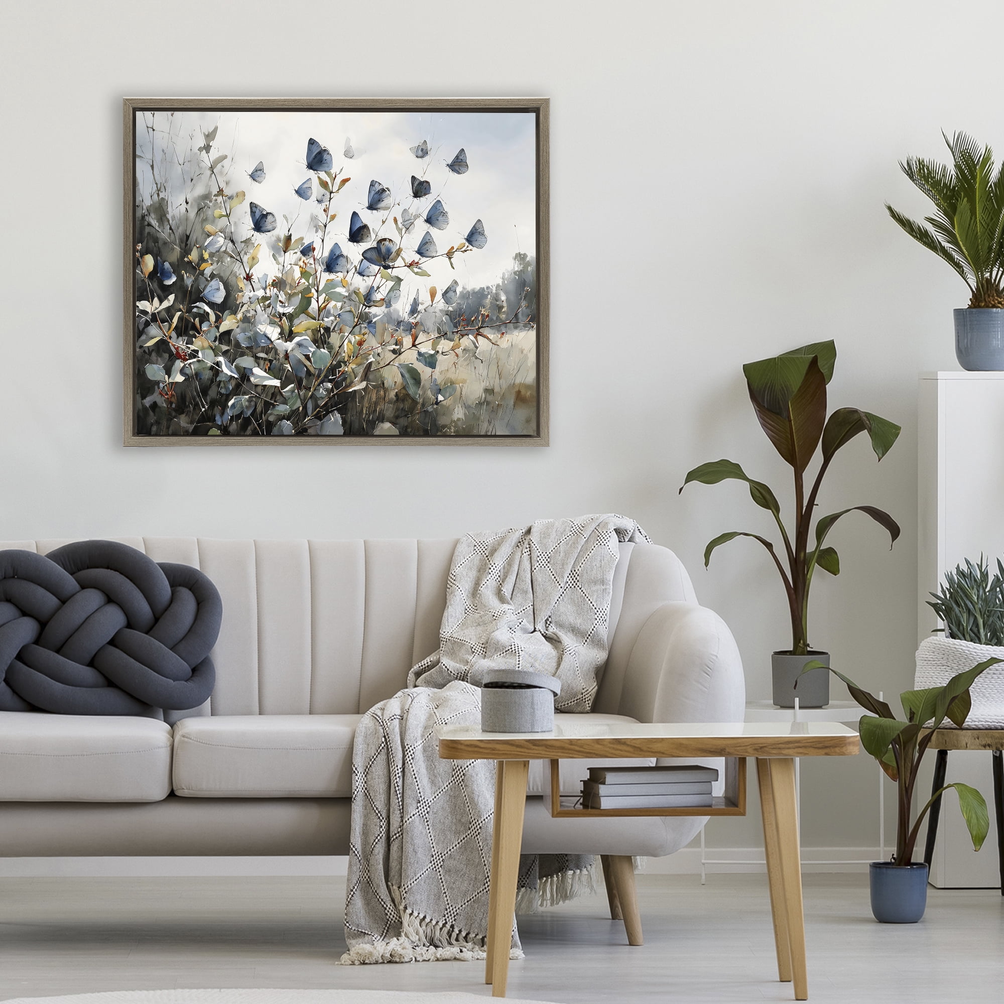 Stupell Industries Blue Butterflies Among Meadow Leaves Brown Framed Floater Canvas Wall Art, design by Franklyn Gregory