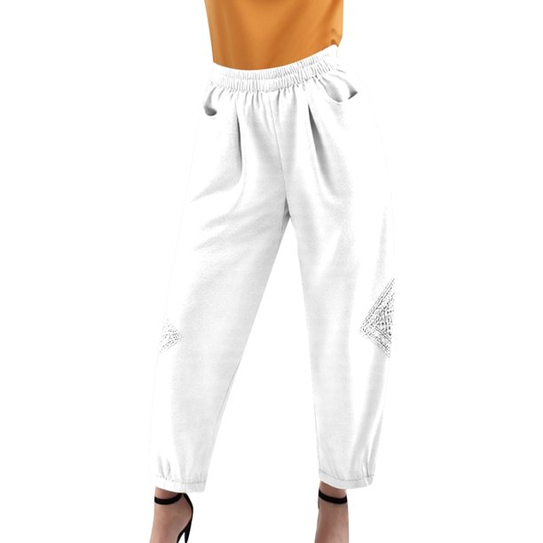 Pantalones harem cortos de talla grande - Pantalones de lino de cintura alta con parches de encaje