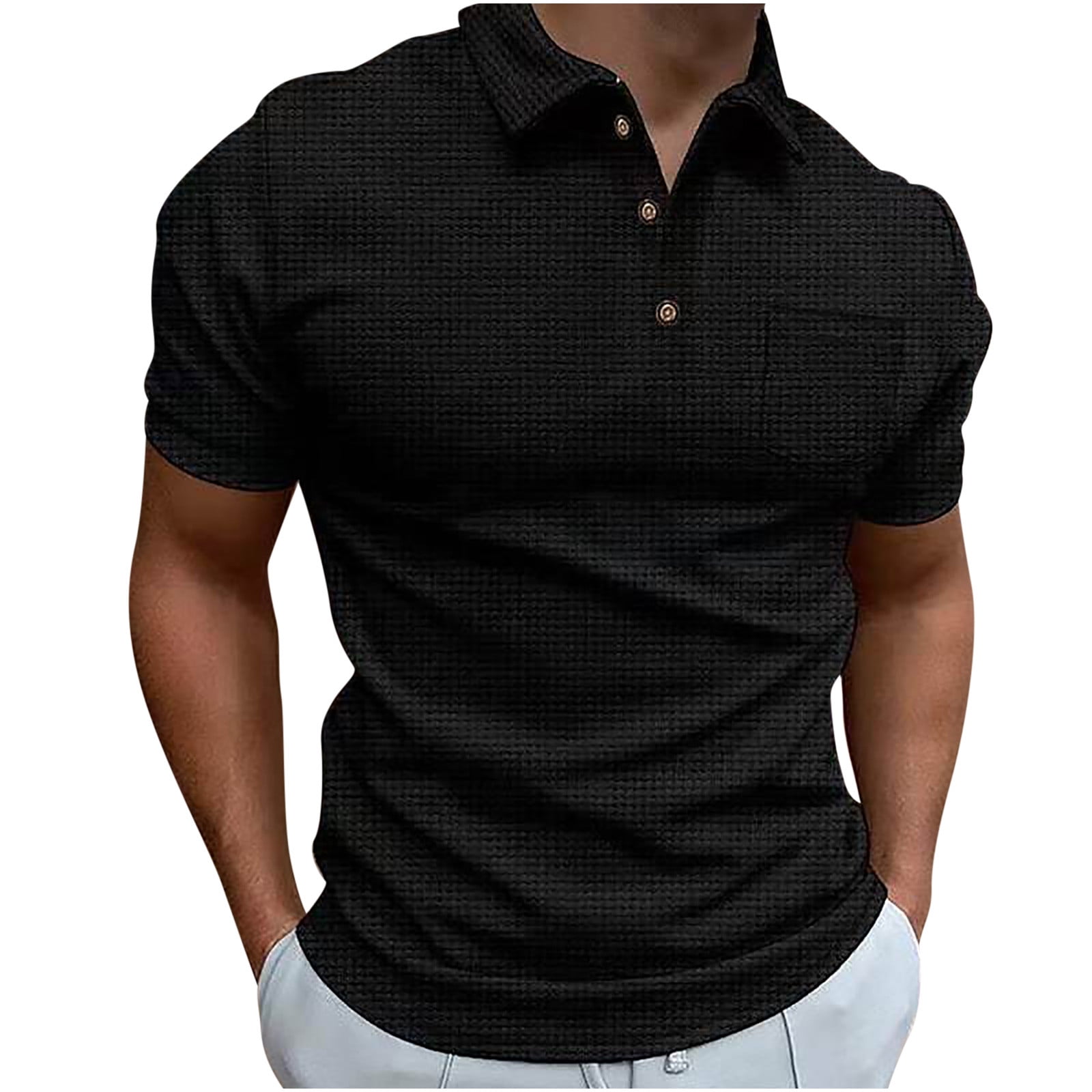 Mens V Neck Polo Shirts Waffle Knit Collared 3-button Pullover Tee