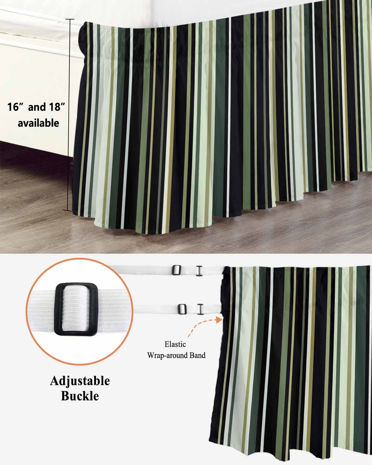 Black Green Bed Skirt Stripe Bed Skirts Queen Size 18 Inch Drop, Wrap Around Dust Ruffle&nbsp;Bedskirt with Adjustable Elastic Belt for Queen Size Beds