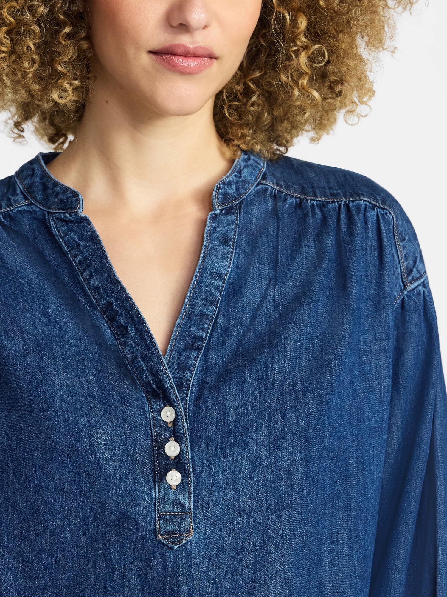 Time and Tru Women's Popover Denim Top with Long Sleeves, Sizes XS-XXXL