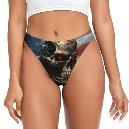 Qokaie Cyberpunk Skull American Flag Printed Women s Cotton Thong Underwear  Sexy Breathable Panties G-string-Small