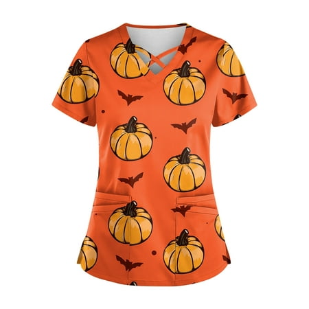 

Sksloeg Scrub Tops Women Stretchy Clearance Cute Cartoon Pattern Halloween Scrub Shirt Tops Short Sleeve V-Neck Working Uniform Workwear with Pocket Orange 4XL