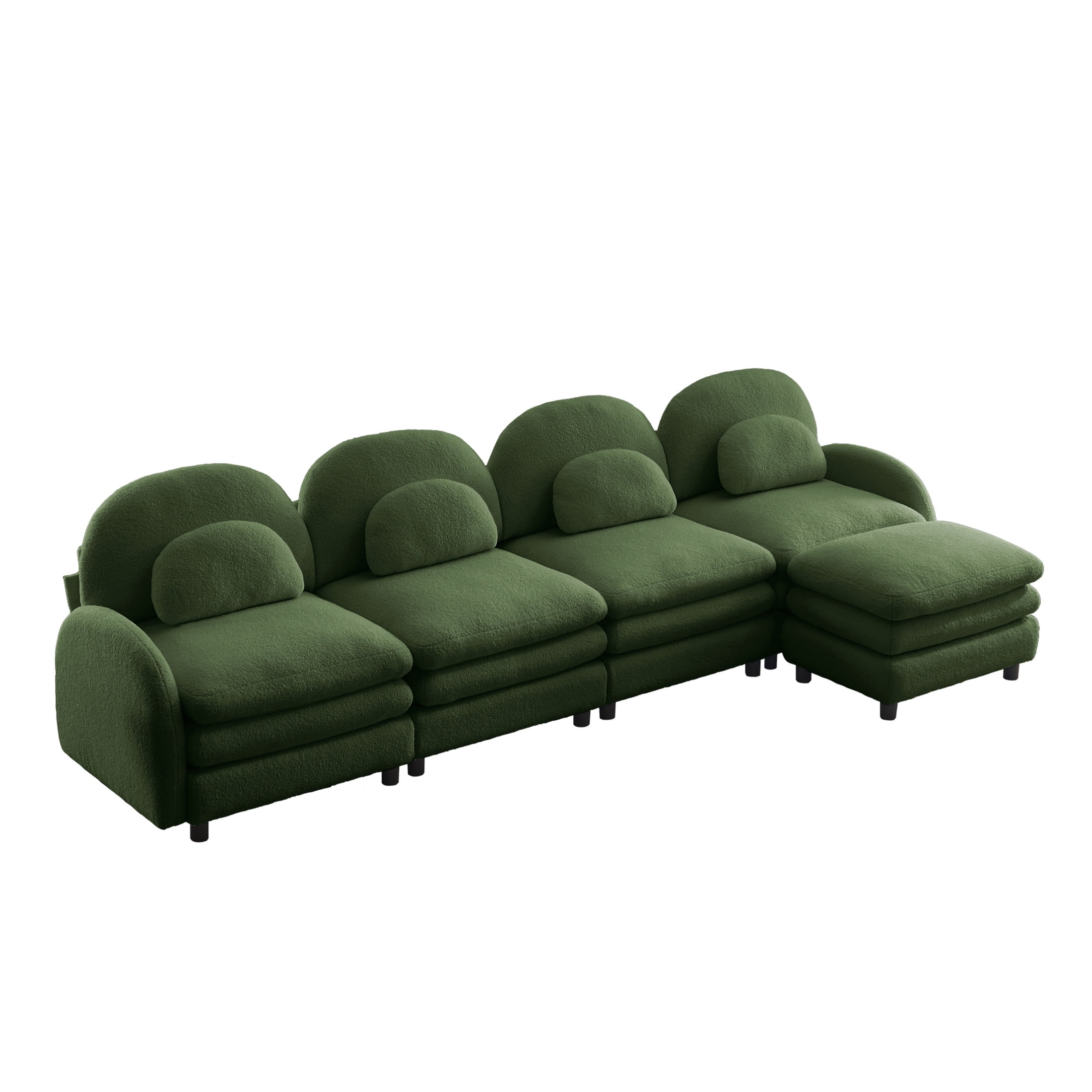 Noble House Windsor Teddy Fabric 4-Seater Sectional Sofa, Modular Cloud Couch with Ottoman and Lumbar Pillows, Green