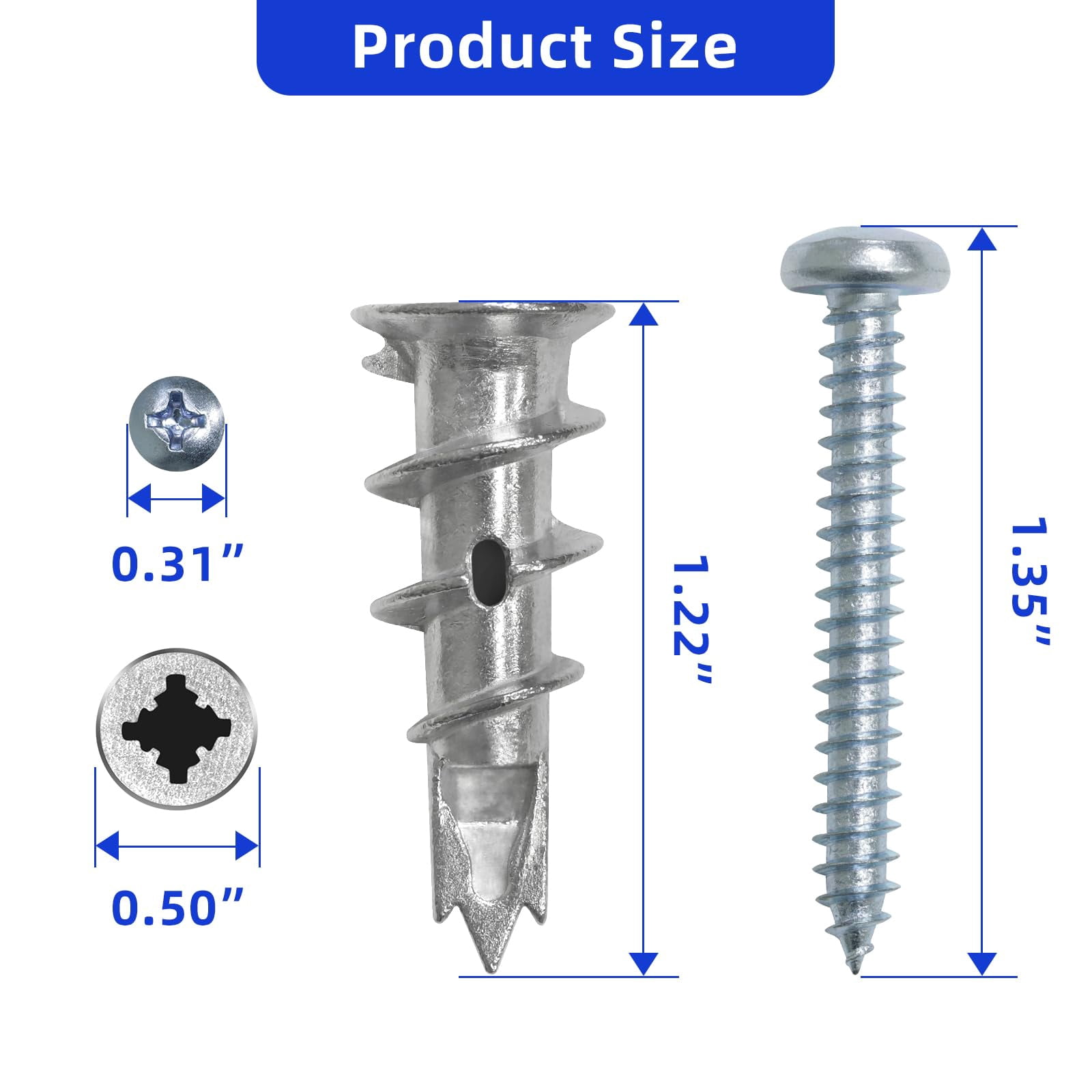 #8 x 1-1/2" Nylon Self-Drilling Drywall Anchors with Screws (100 Anchors+100 Screws), No Pre Drill Hole Required, Hold Up to 75 Lbs