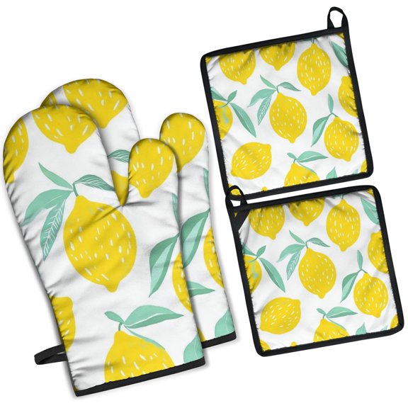 Lemon Kitchen Oven Mitt and Pot Holder Sets 4 Pcs for Baking, Cooking and Grilling, Heat Resistant Up To 392 F