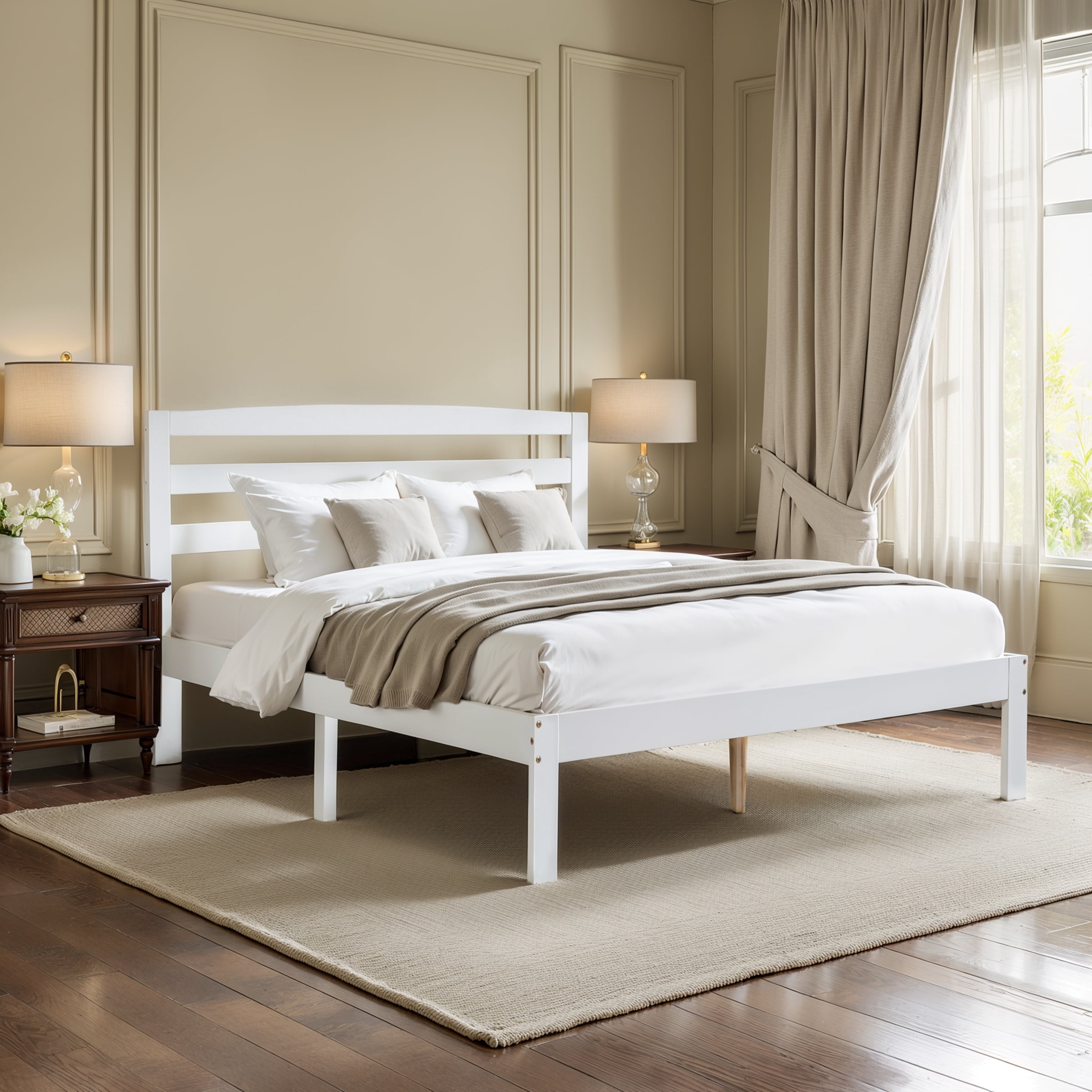 Full Bed Frame, Wood Bed Platform with Headboard, No Box Spring, White