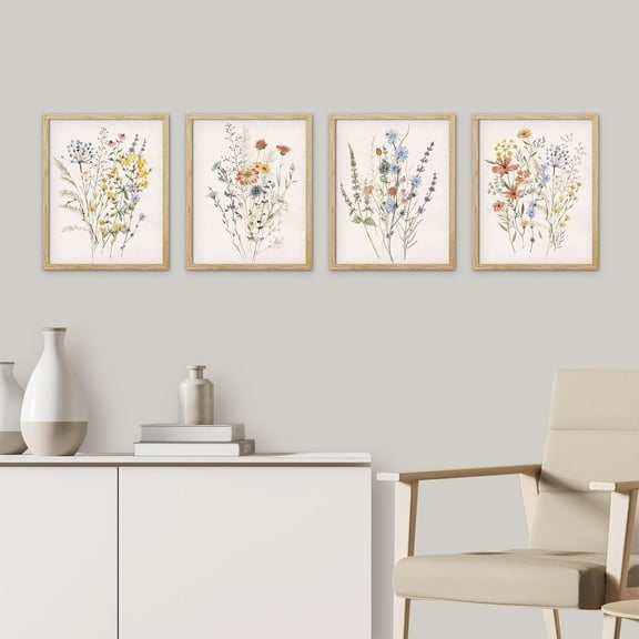 PixonSign Framed Wall Art Watercolor Wildflowers Exhibition Posters, Set of 4 Colorful Flowers Botanical Illustrations Wall Decor, Farmhouse Adhesive Canvas Prints for Home Decor -