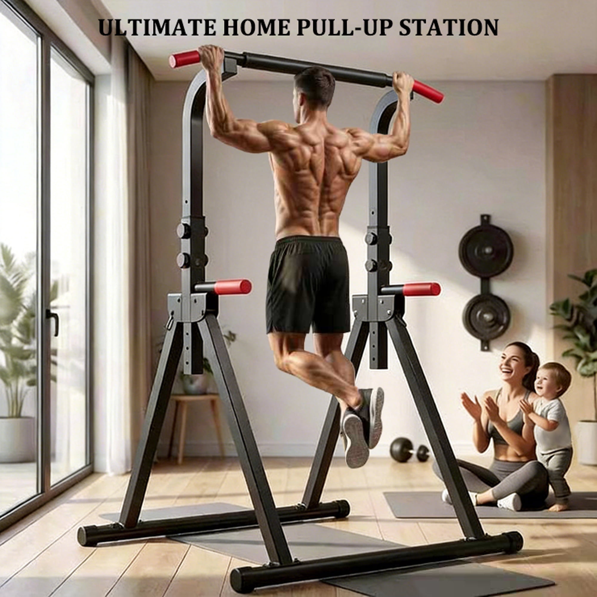 Leumius Foldable Pull Up Bar Standing Power Tower,Multi-Function Dip Station, 6-Level Adjustable Height Strength Training Fitness Equipment for Home Gym,440lbs Max,Black+Red