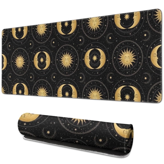 Long Mouse Pads for Desk,Black Gold Sun Moon Pattern Desk Mats on Top Of Desks, Desk Mouse Pad Extra Large with 3mm Non-Slip Base and Stitched Edge for Gaming,Office,Work,Home 31.5"x11.8"