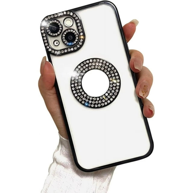 Supershield iPhone 15 Case, Camera Protection with Glitter Sparkle Diamond Bling Rhinestone Shiny Cute Cover with Logo View Case Compatible with iPhone 15 - Black
