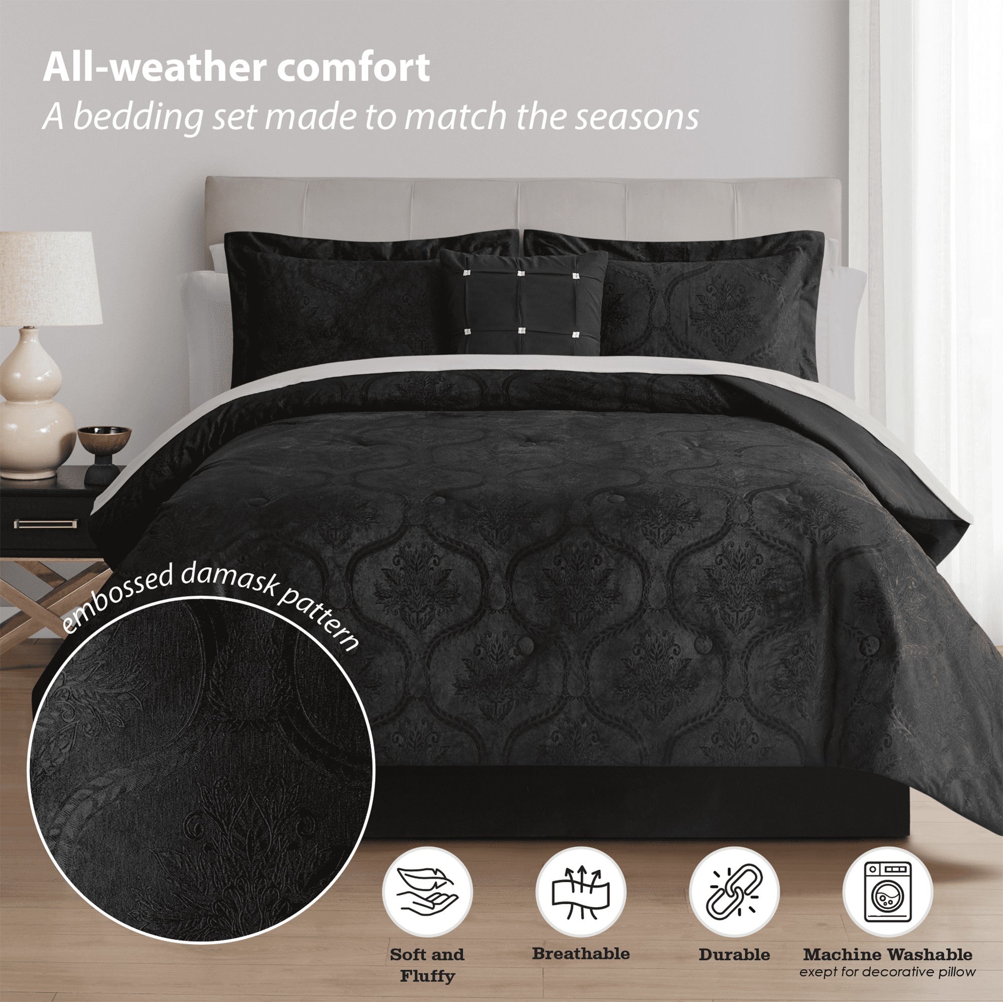 Mainstays 11-Piece Bed in a Bag Comforter Set with Sheets, Black Velvet, Double, MAINSTAYS PL MS11PC BNB BLKVEL D