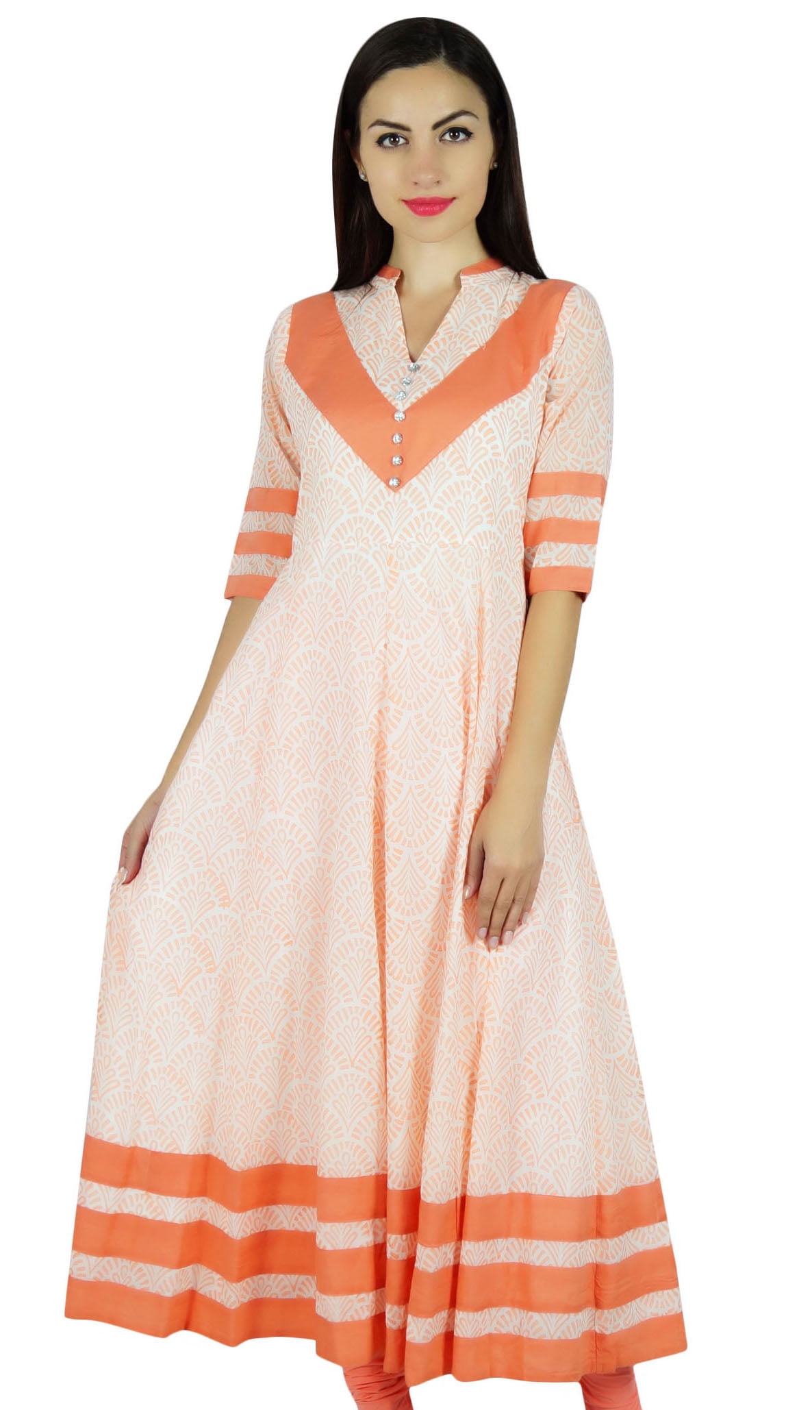 Bimba Women's Short Anarkali Kurti – Orange Cotton, Long Sleeve, Flared Silhouette, 41 Inches Long - View #6
