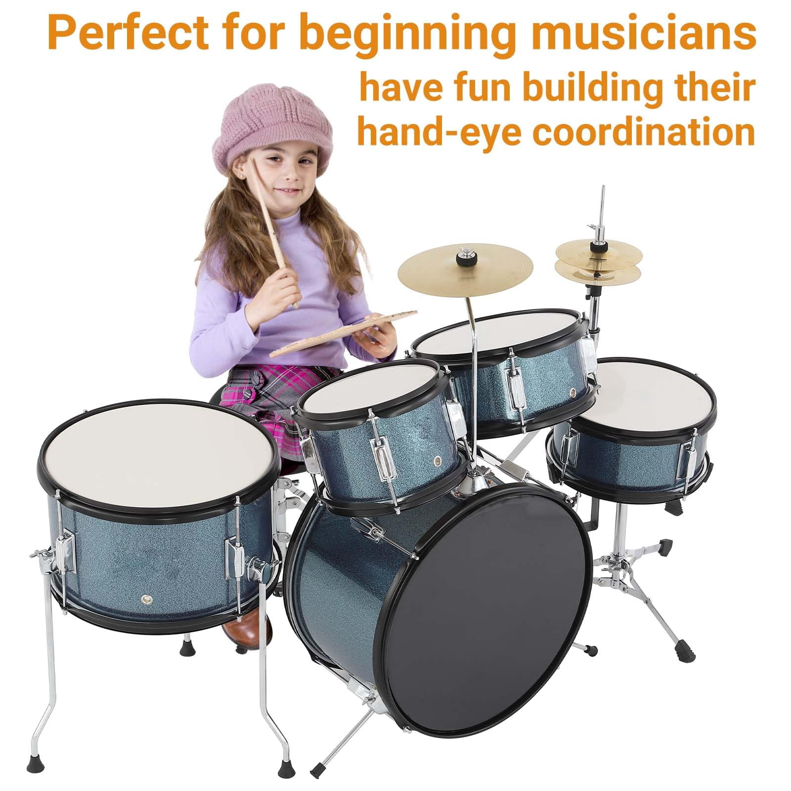 AD-300 5-Piece Drum Set for Beginners - Includes Bass Drum, Tom-Tom, Snare, Cymbals, Hi-Tone Drum, Sticks, Pedal & Stool (Blue) Percussion Instrument Durable