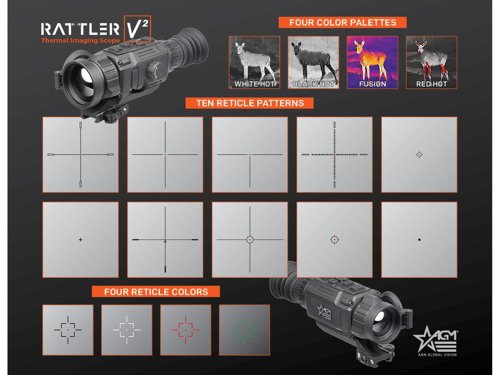 AGM Mobile RattlerV2 25-256 Thermal Imaging Rifle Scope, 1250 Yards, 256x192 Resolution, 50Hz, 25mm Lens