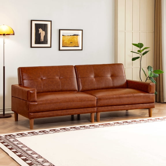 ATJafurn 86.6''W Leather Couch, Mid-Century Modern 3-seater Tufted Sectional Sofa with Deep Cushions for Living Room and Bedroom, Brown