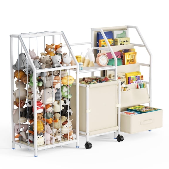 Kids Bookshelf and Toy Storage,3 Tier White BookShelf with Toy Box, Sling Baby Bookcase with Stuffed Animal Storage, Toddler Montessori Bookshelf for Nursery, Playroom, Kindergarten,Kids Room