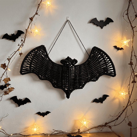 Halloween Bat Wall Decor Hanging Woven Rattan Bat Decoration Black Hollow-out Spooky Gothic Party Ornament Fall Home Front Door Black 11 in